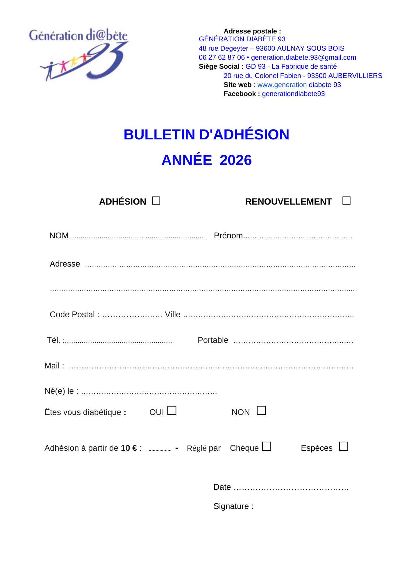 Aperçu du bulletin d’adhésion 2026 de Génération Diabète 93, disponible en PDF et en Word.